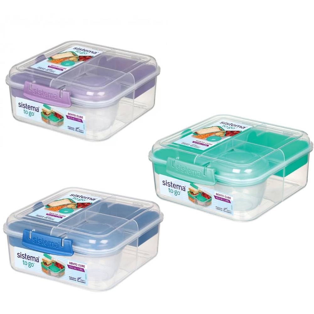 Sistema To Go Bento Cube madkasse med yoghurtbæger 1,25L assorteret blå/grøn/lilla