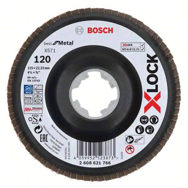 Bosch X-LOCK-lamelslibeskiver, vinklet udførsel, på bæreskive i kunststof og en diameter på 115 mm, X571, Best for Metal, 1 stk.