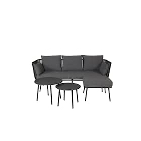 Venture Design Stringa loungesæt i sort stål/sort reb med grå hynder og 2 borde