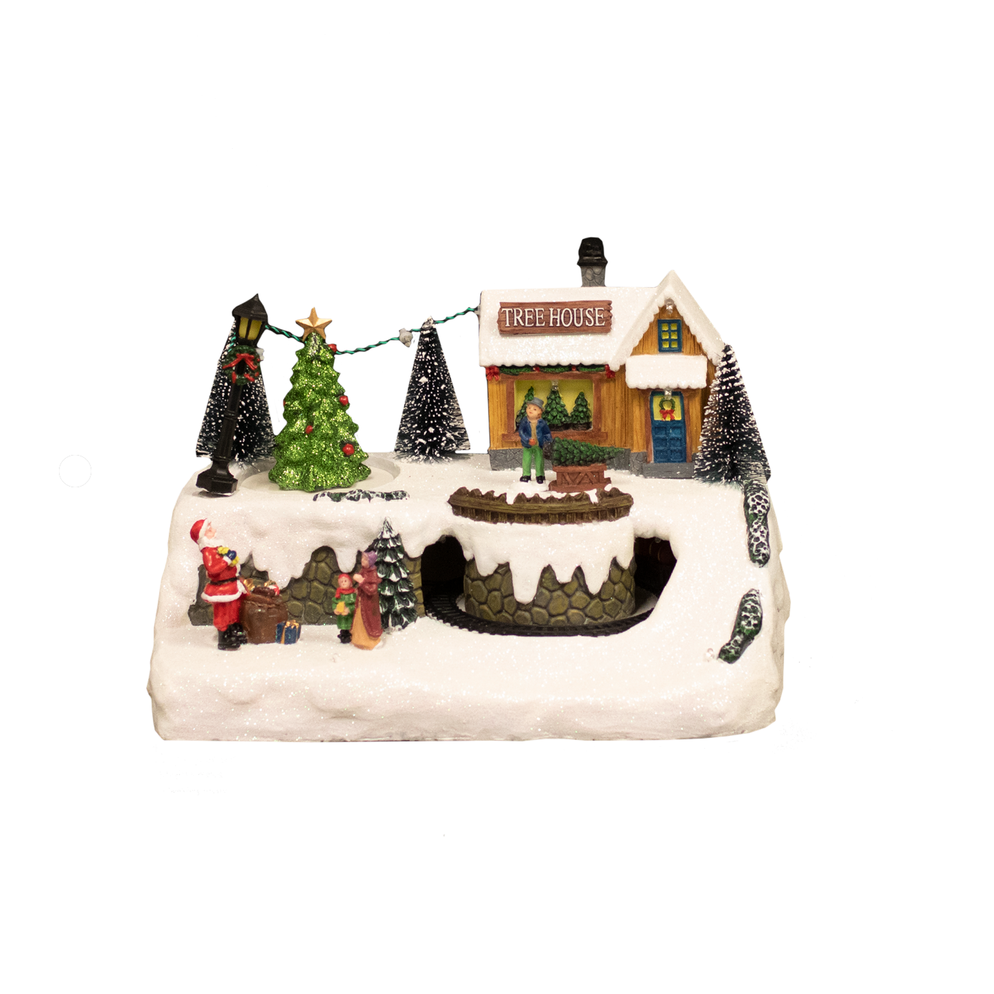 Nordic Winter Treehouse Town juleby med lys og musik, til batteri