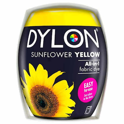 Dylon maskin tekstilfarve 05 Sunflower Yellow med salt. Pakke med 350 gram.