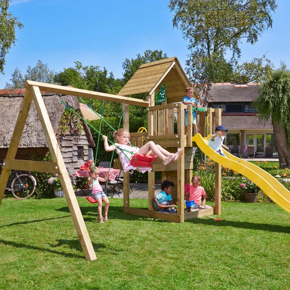 Jungle Gym Cubby legetårn komplet med 2-Swing Modul 220 og rutsjebane