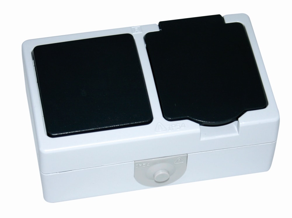 E-line stikkontakt med jord og afbryder grå/sort IP54