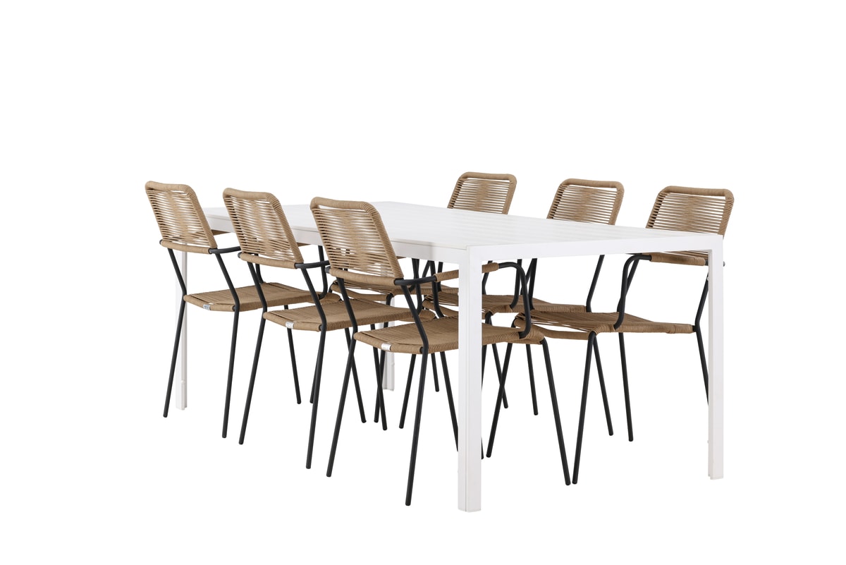 Venture Design Break & Lindos møbelsæt med bord i hvid og 6 stole i latte