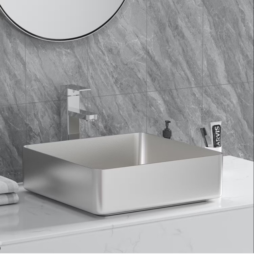 Bathlife Skatt fritstående håndvask i stål med bundventil 406 x 406 mm