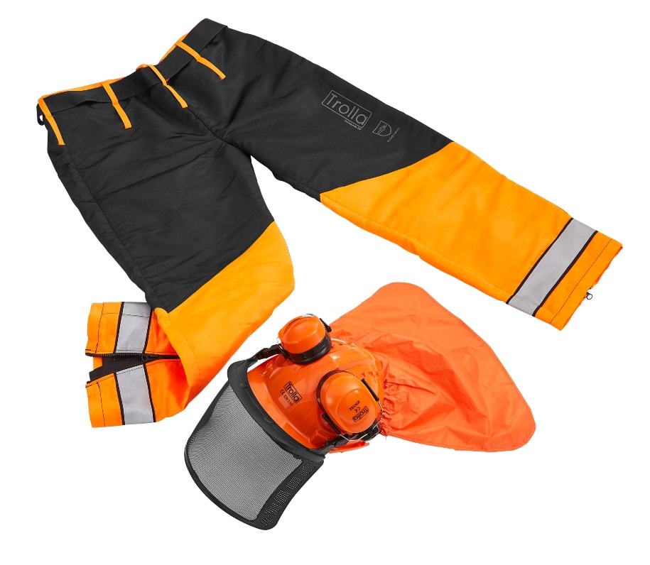 Sikkerhedssæt med skærebukser og hjelm str. Onesize