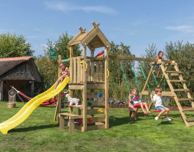 Jungle Gym Teepee legetårn komplet med 2-Climb Modul 200 og gul rutsjebane