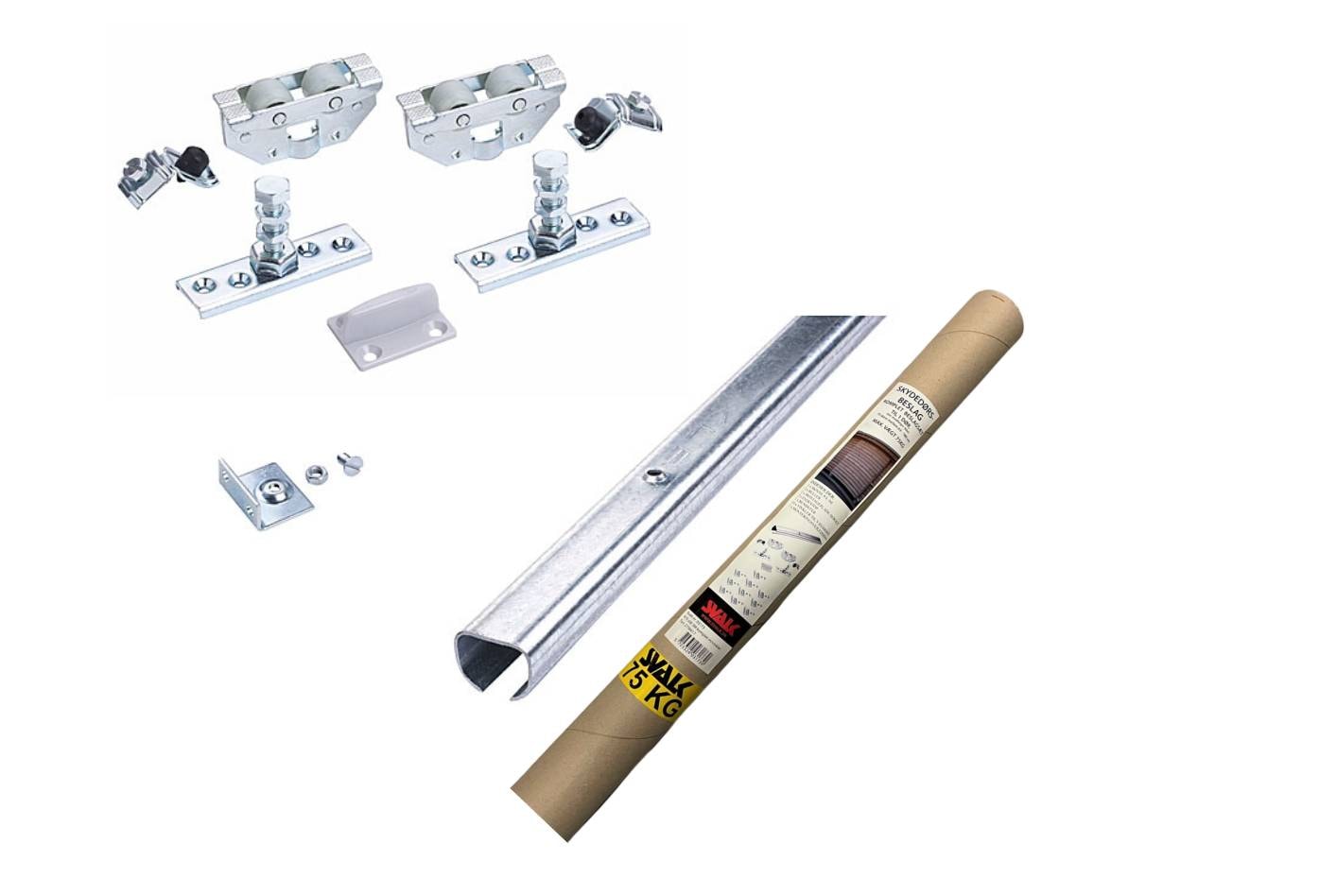 Svalk skydedørsbeslagssæt enkelt kompl. med 3 m. skinne, maks. 75 kg. dør: 63-180 cm.