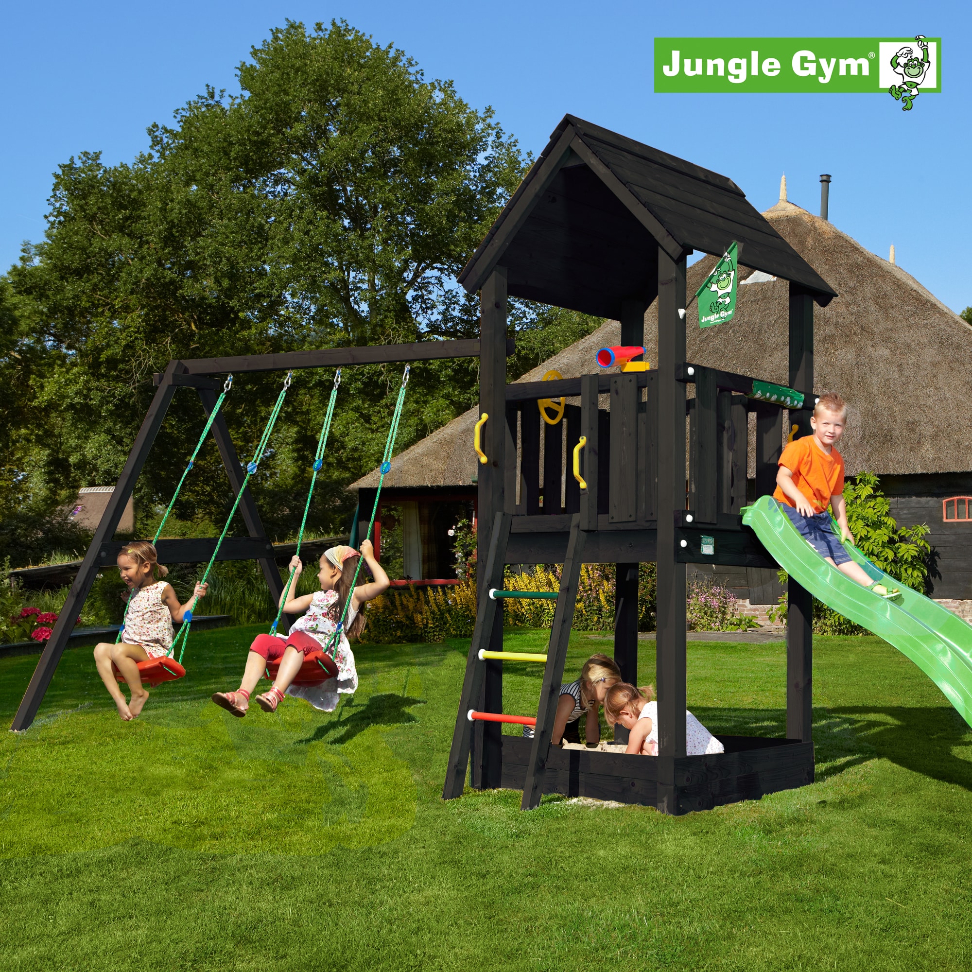 Jungle Gym Club legetårn grundmalet sort komplet inkl. Swing Module Xtra ekskl. rutsjebane