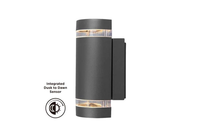 Lutec Focus Round væglampe up/down i sølvgrå/klar med skumringssensor  2 x GU10 IP44