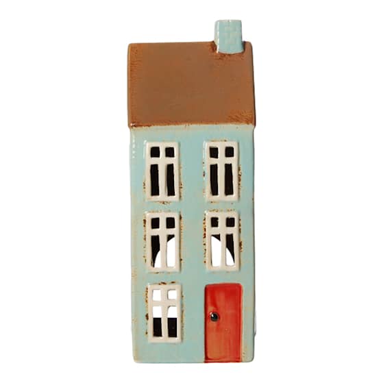 Det Gamle Apotek keramisk hus til fyrfadslys lyseblå H21 x B9,5 x D8,5 cm