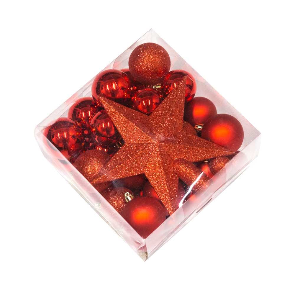 Nordic Winter sæt med julekugler og stjerne i rød 50 dele