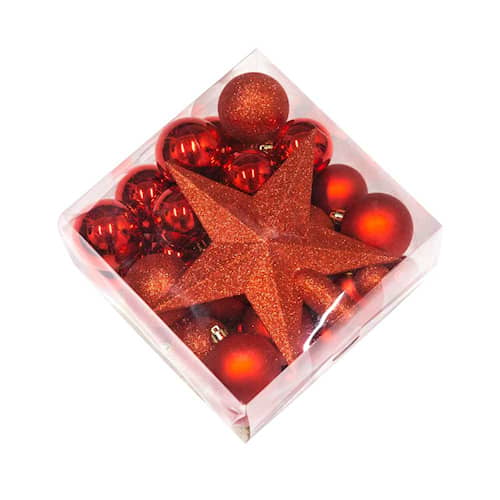 Nordic Winter sæt med julekugler og stjerne i rød 50 dele