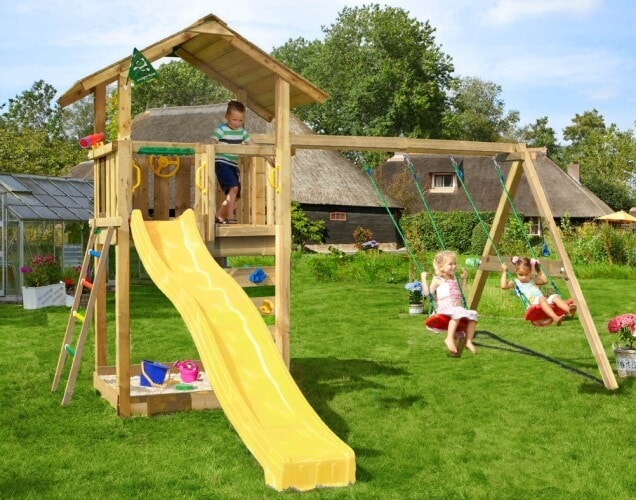 Jungle Gym Sierra legetårn med 2-Swing Modul 220 og gul rutsjebane