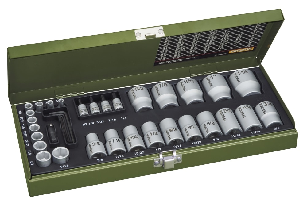 Proxxon toppe og bits 1/4" + 1/2" 36 dele
