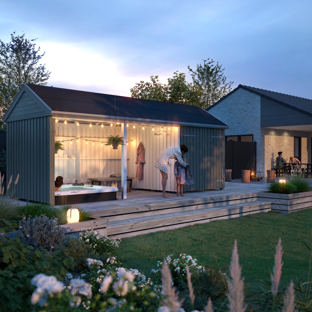 Plus Classic Multi havehus ubehandlet 3 moduler med dobbeltdør og lukket/åben front inkl. tagpap/alulister/H-stolpefødder 14,5 m2