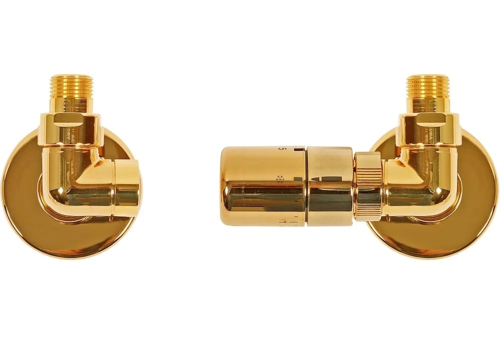 Kriss Corner Rum Plus vinkelventilsæt med rumtermostat i guld, fremløb højre