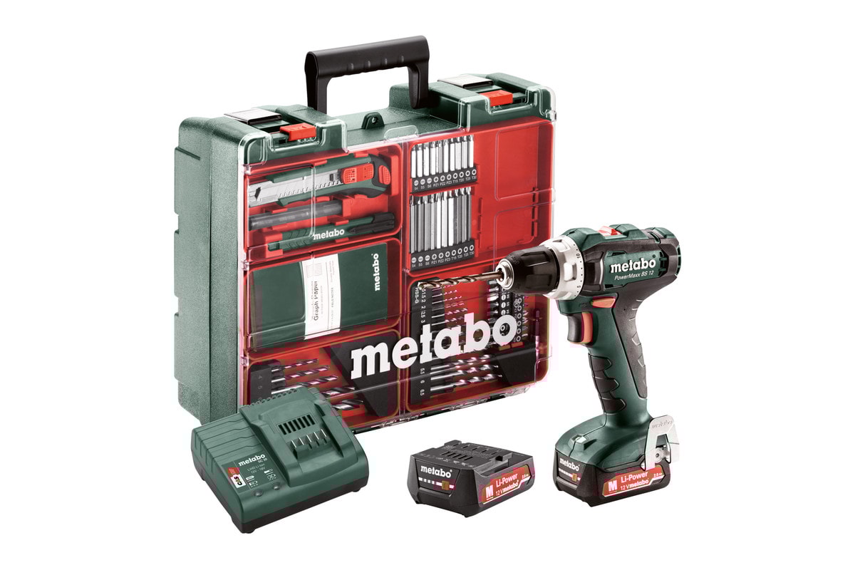 Metabo skruetrækker PowerMaxx BS 12 Set med tilbehørog 2x2Ah batterier og lader