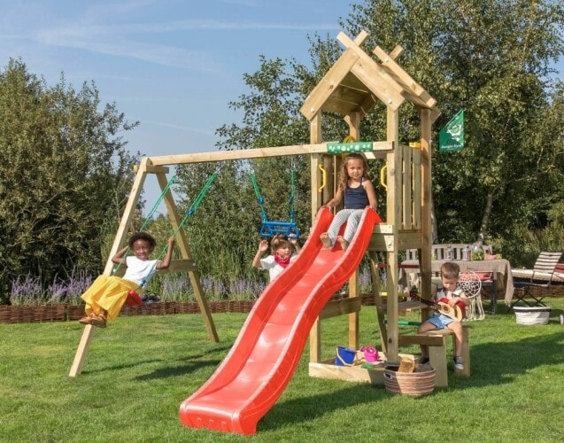 Jungle Gym Totem legetårn komplet med 2-Swing Modul 200 og rød rutsjebane