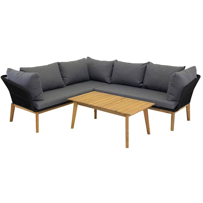 Venture Design Chania hjørnesofa i sort/akacie med mørkegrå hynder og sofabord