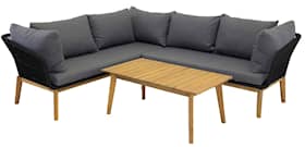 Venture Design Chania hjørnesofa i sort/akacie med mørkegrå hynder og sofabord