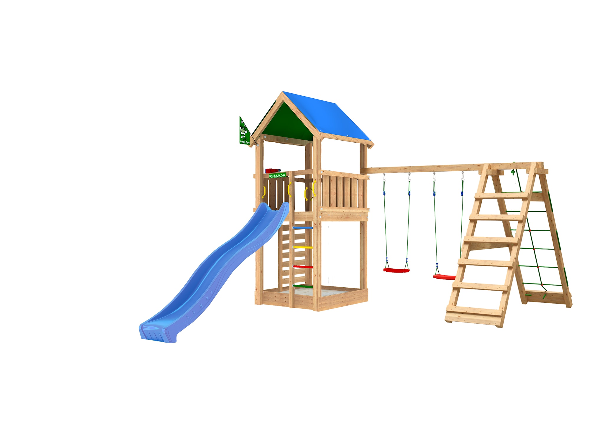 Jungle Gym Lodge 2.1 legetårn komplet inkl. Climb Module og blå rutsjebane