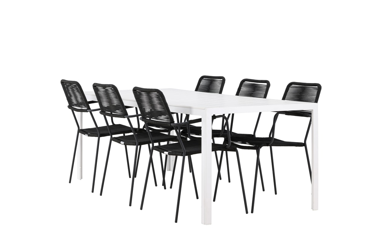 Venture Design Break & Lindos møbelsæt med bord i hvid og 6 stole i sort