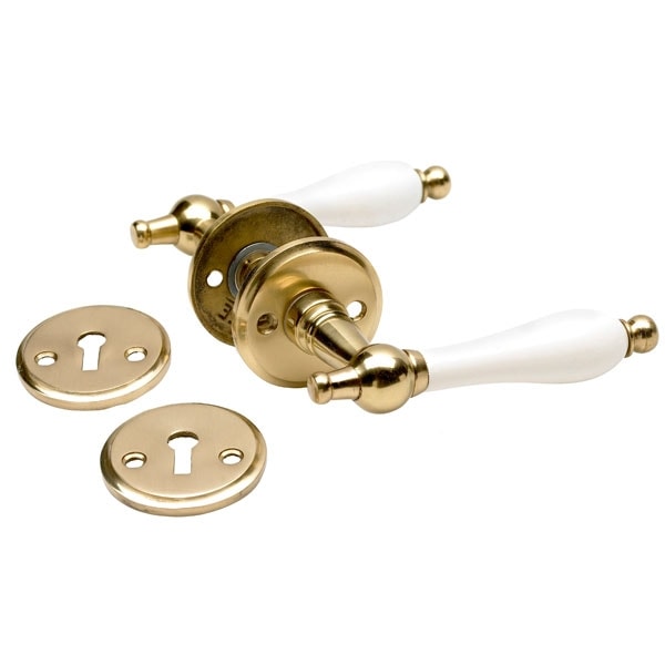 Habo dørgreb T-form hvidt træhæfte og messing inkl nøgleskilt