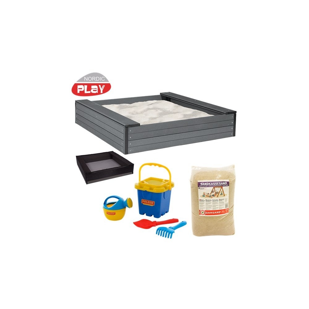 Nordic Play sandkasse komposit med 240 kg sand og strandsæt i grøn 120 x 120 cm