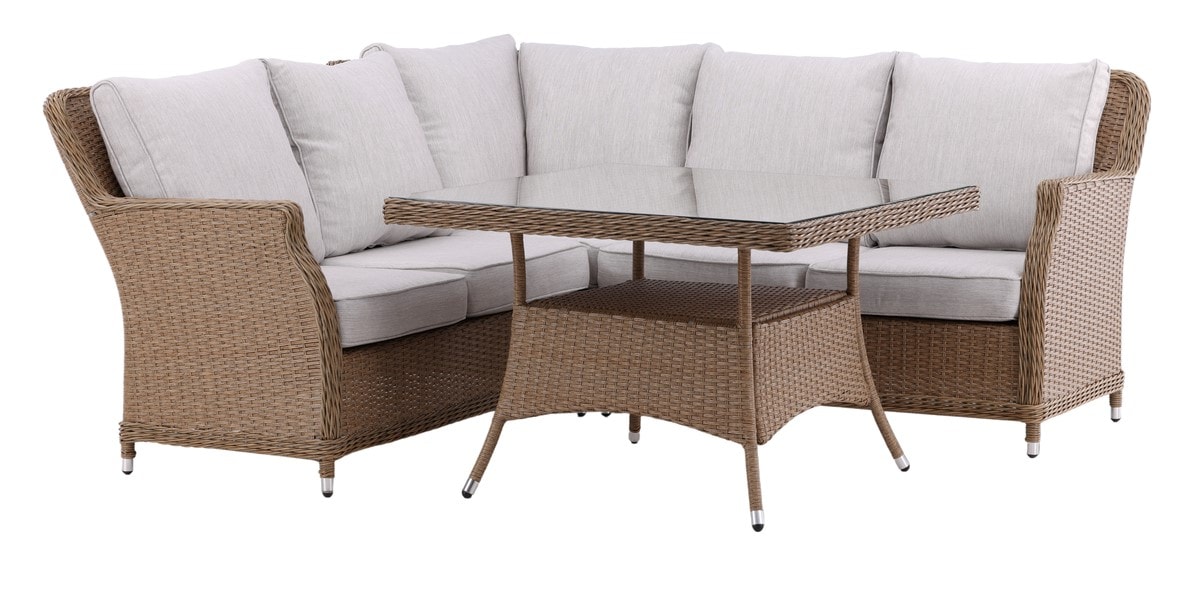 Venture Design Vikelund hjørnesofa i natur med sandfarvede hynder og sofabord
